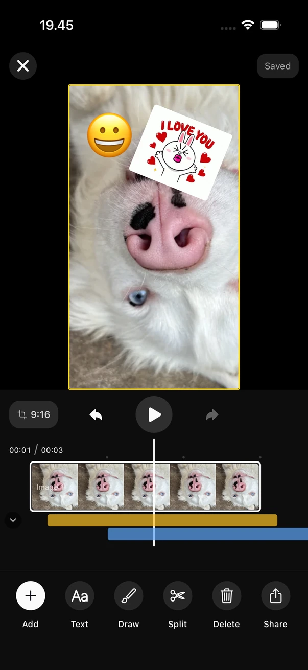 Built-in video editor with stickers, trimming and a vertical timeline for pet highlight reels